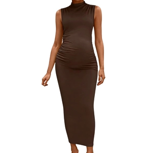 Sleeveless high neck maternity maxi dress in dark brown with elegant ruched details