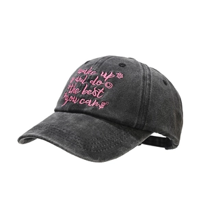 Vintage washed dark grey baseball cap with pink embroidered wake up quote
