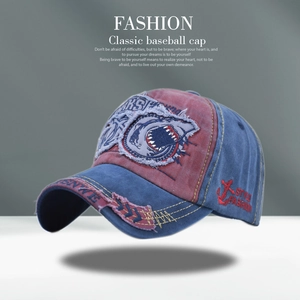 Distressed blue and red baseball cap featuring a shark patch and side fashion embroidery