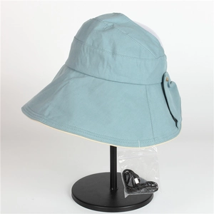 Light blue wide brim sun hat for women with adjustable windproof rope for UV protection