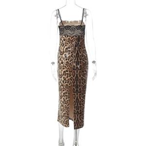 Close-up of leopard print sequins, lace neckline, and side slit detail on the dress