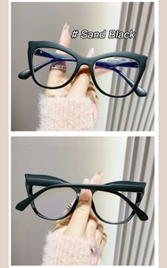 Detail view of cat eye glasses frame in sand black finish with product specifications