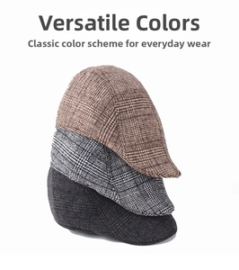 Close-up of stacked plaid beret hats in brown and grey wool fabric for winter