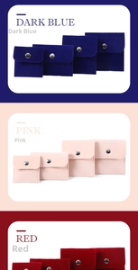 Multiple sizes of velvet jewelry pouches in navy, pink, and red with silver snap buttons