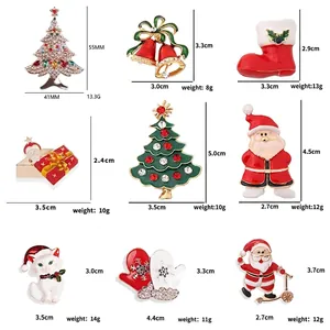 Size chart showing 9 Christmas animal brooches with dimensions and weights in detail