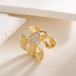 Modern 18K gold plated irregular geometric open ring with sparkling pavé cubic zirconia