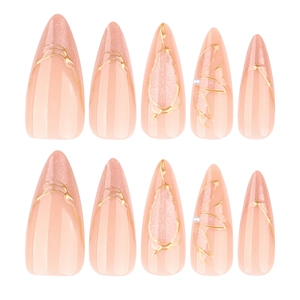 Handmade almond press-on nails with 3D cat eye marble pattern and pearl accents