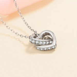 925 sterling silver double heart pendant necklace with moissanite on a thin chain
