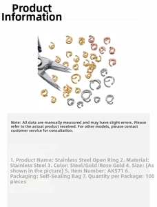 Detailed size chart for stainless steel jump rings in gold, steel and rose gold finishes
