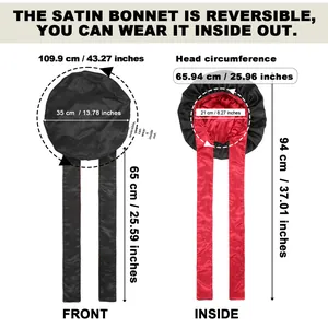 Detailed size chart of the reversible satin bonnet with long straps for women's hair care