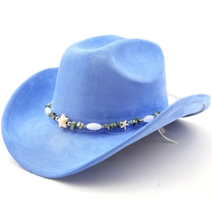 Detail of royal blue suede cowboy hat with bohemian beaded band and starfish decor