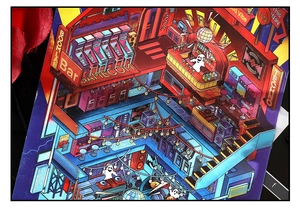 Close-up of retro pixel isometric sticker featuring neon game room and ghost details