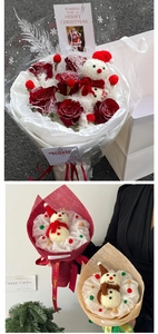 DIY Christmas bouquet set with snowman doll red roses and festive berries wrap