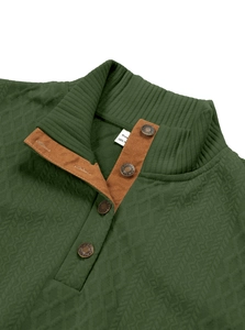 Close-up of men's dark green sweatshirt with brown suede collar and metal buttons