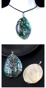 Detailed views of teardrop abalone shell pendant showing vibrant iridescent colors