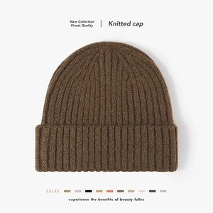 Wool Knitted Beanie Hat Warm Thick Ribbed Solid Color Folded Cuff Winter Skull Cap Outdoor