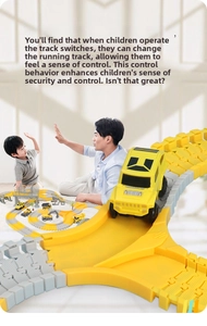Detail of interlocking track switches and yellow construction toy cars for kids