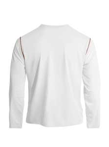 Rear view of white Henley shirt with brown contrast stitching on the shoulder seams