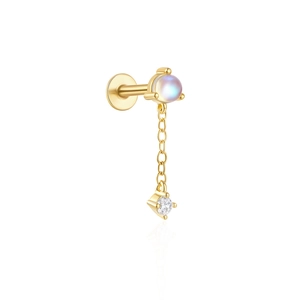 Detail of s925 gold moonstone ear stud with square zircon drop and flat back threading