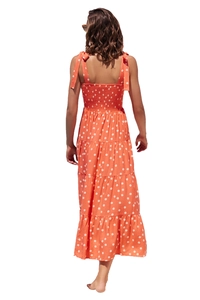 Back view of orange polka dot sundress with open back and layered skirt details