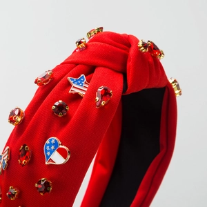 Red knotted wide headband with sparkling rhinestones and American flag enamel charms