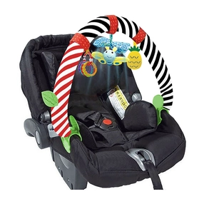 Detail showing sensory toy arch with butterfly and pineapple for baby car seat