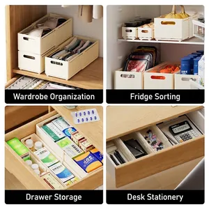 Expandable cream organizer bins for clothes, food, and medicine in various home scenarios