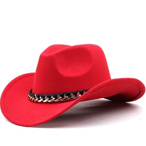 Western Cowboy Hat Polyester Felt Wide Brim With Metal Chain Decoration Retro Style Adjustable Outdoor Fedora For Men Women