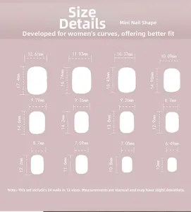 Size guide for mini short press-on nails showing 12 different width and height measurements