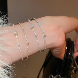 Layered Open Bangle With Copper Zircon And Imitation Artificial Pearl Elegant Light Luxury Style Jewelry For Elegant Women