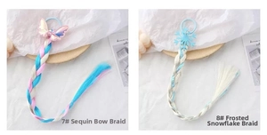 Détails de chouchous tressés licorne avec nœud pailleté et breloque flocon de neige