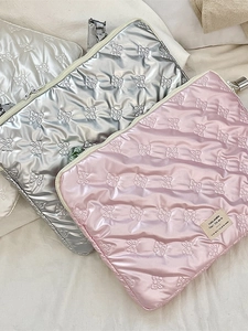 Quilted bow tablet laptop sleeve 13-15 inch in silver and pink metallic fabric