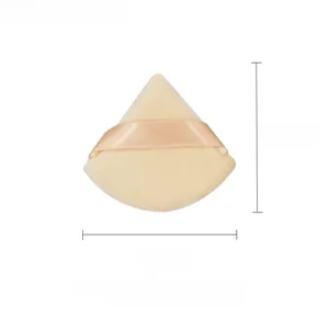 Detail view of triangular microfiber puff with ribbon handle and 15mm thickness