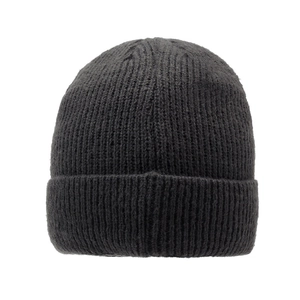Minimalist black knit beanie with ribbed texture and cuff for winter outdoor warmth