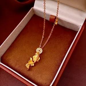Golden koi fish pendant necklace with sparkling zircon ring in luxury jewelry gift box