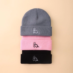 Three-piece set of knitted beanies with dinosaur embroidery in grey, pink, and black