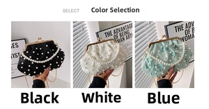 Detailed view of beaded shell bags with pearl embellishments in black, white and blue colors