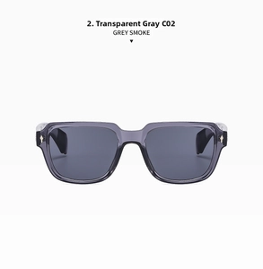 Detail of transparent grey square sunglasses with metal rivets and smoke lenses