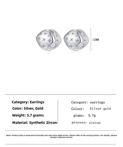 Detail view of square star earrings with 12mm size and 5.7g weight specifications