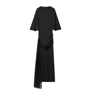 Elegant Maxi Dress With Sequin Sash Batwing Sleeves Solid Color Slim Fit Polyester Formal Gown For Women