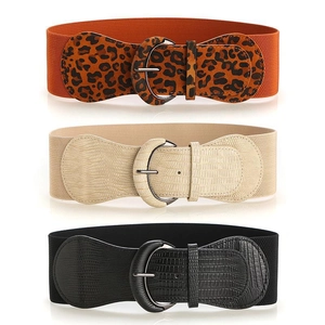 Three-piece set of wide elastic waist belts with leopard and crocodile print buckles
