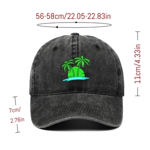 Detailed dimensions of a vintage black cotton baseball cap with coconut tree embroidery