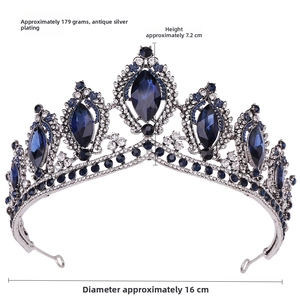 Detail view of Baroque crown showing 7.2cm height and 16cm diameter with blue crystals