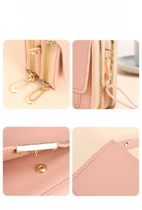 Close-up of pink PU leather wallet features double zippers and magnetic closure detail