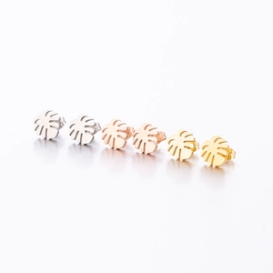 Polished stainless steel monstera leaf stud earrings in silver gold and rose gold tones