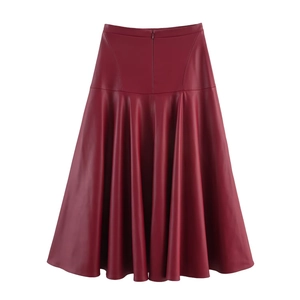 Eleganter weinroter Kunstleder-Midirock mit hoher Taille und A-Linien-Silhouette
