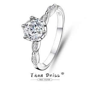 Macro shot of S925 sterling silver ring with 2ct round moissanite in six-prong setting