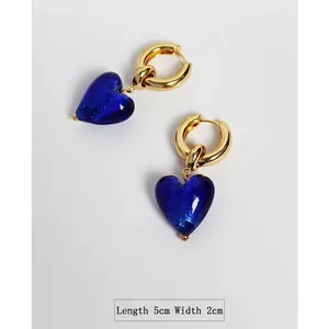 Vintage Murano style blue heart glass pendant earrings with bold gold hoops 5cm