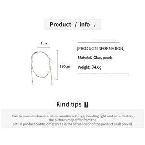 Detail specifications of 150cm glass and pearl long necklace with 1cm width and 34.6g weight