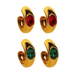Vintage 18k gold plated brass C-shape earrings with emerald and ruby zircon stones